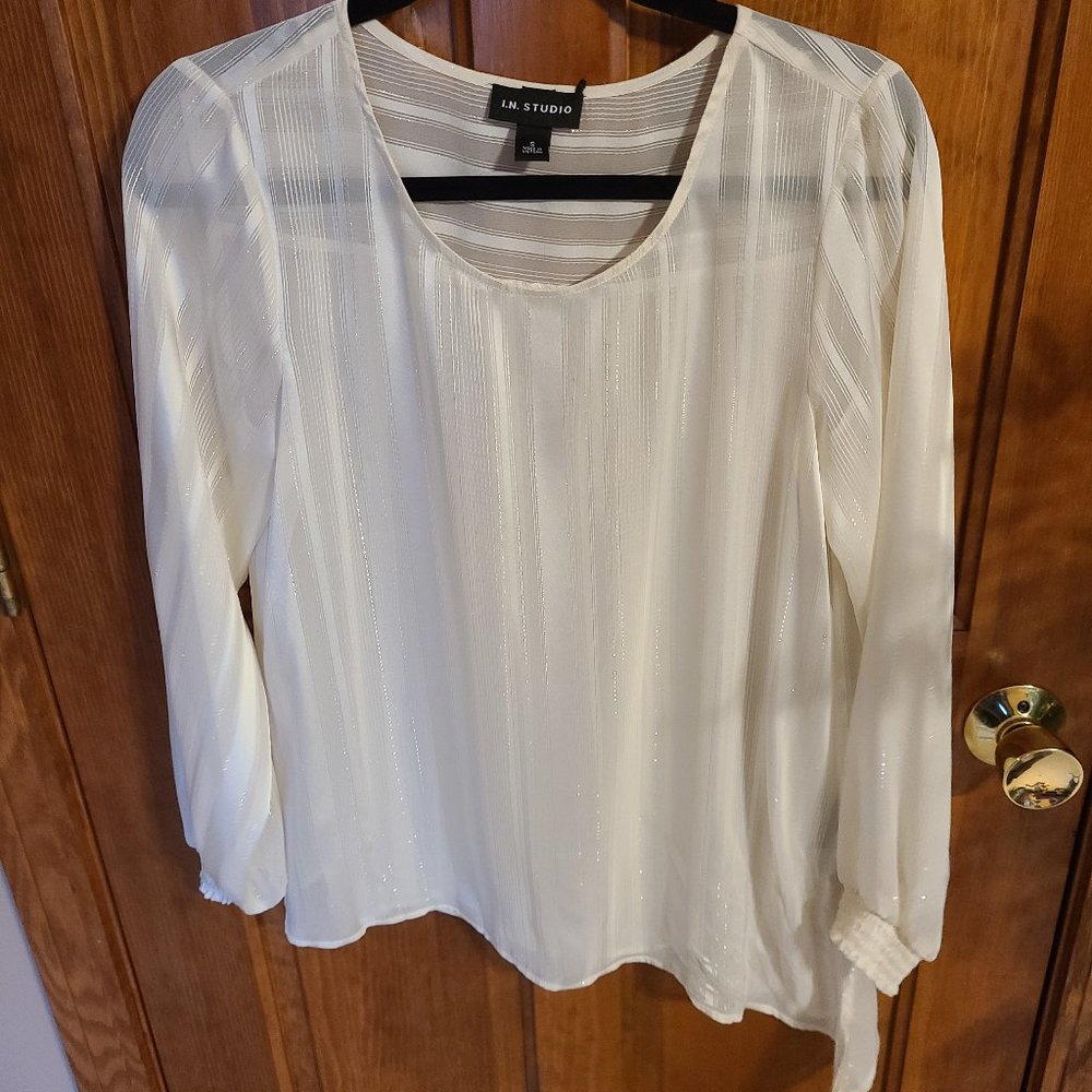 I.N. Studio White Shimmer Stripe Blouse, Size S
